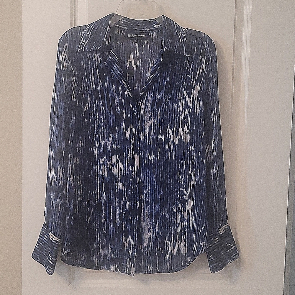 Jones New York Signature Blue Print Semi-Sheer Shirt